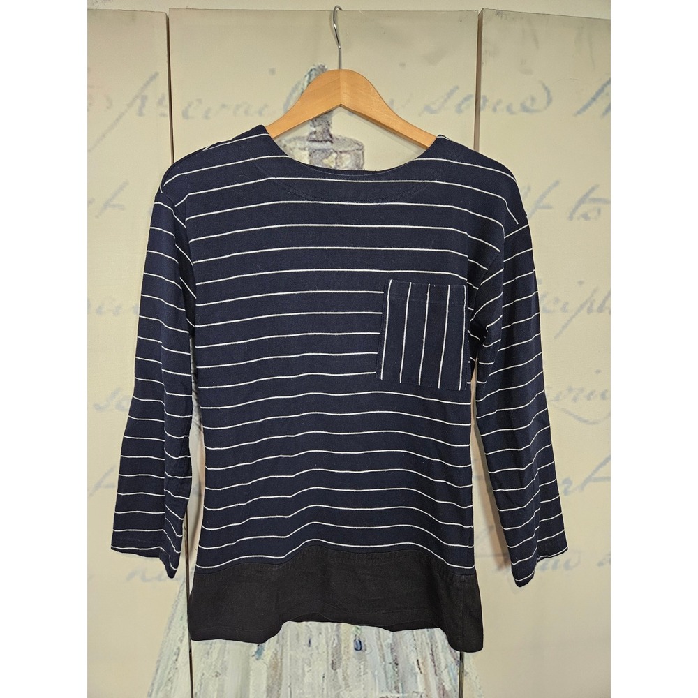 Ella Moss Small Navy Blue White Striped 3/4 Sleeve Pocket Top French Terry